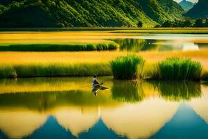 a man is rowing a boat in a lake surrounded by grass. AI-Generated photo