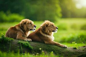 two lions sitting on a log in the grass. AI-Generated photo