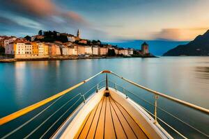 the view from the bow of a boat on the water. AI-Generated photo