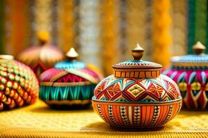 colorful decorative pots on a table with colorful curtains. AI-Generated photo