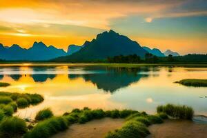 the sunrise over the li river, mountains, water, landscape, hd wallpaper. AI-Generated photo