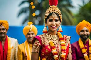 a bride in traditional indian attire with her groom. AI-Generated photo