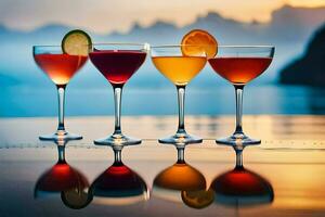 four glasses of different colored drinks on a table. AI-Generated photo