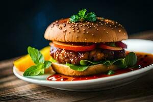 a hamburger with sauce and vegetables on a white plate. AI-Generated photo