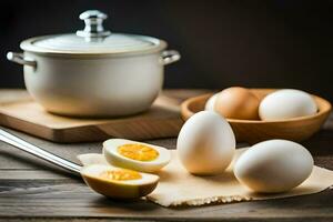 a bowl of boiled eggs and a pot with a spoon. AI-Generated photo