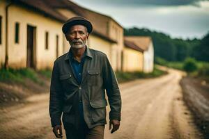 an old man standing on a dirt road. AI-Generated photo