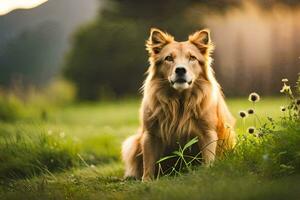 a golden retriever sitting in the grass. AI-Generated photo