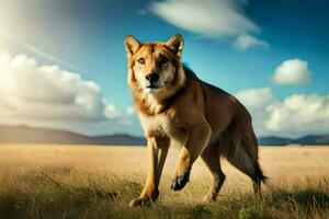 un perro es caminando a través de un campo con un azul cielo. generado por ai foto