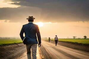 a man in a suit and hat walking down a dirt road. AI-Generated photo