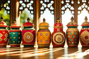 a row of colorful painted jars lined up on a table. AI-Generated photo
