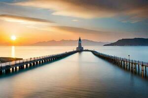 a long exposure photograph of a lighthouse at sunset. AI-Generated photo