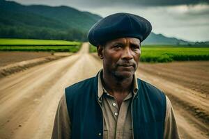 a man wearing a hat stands on a dirt road. AI-Generated photo