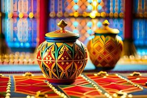 two colorful vases sit on a colorful table. AI-Generated photo