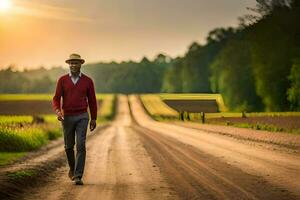 un hombre en un sombrero camina abajo un suciedad la carretera. generado por ai foto