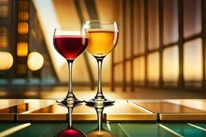 two glasses of wine on a table in front of a building. AI-Generated photo