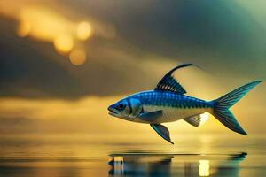 un pescado es flotante en el agua a puesta de sol. generado por ai foto