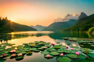 the sun rises over the lake and the mountains in the background. AI-Generated photo