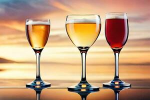 three glasses of wine on a table with a sunset in the background. AI-Generated photo