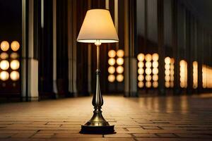 a lamp on a brick floor in front of a building. AI-Generated photo