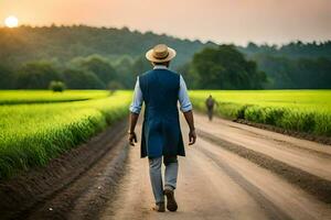 a man in a hat and vest walking down a dirt road. AI-Generated photo