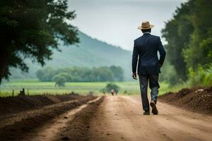 a man in a suit and hat walking down a dirt road. AI-Generated photo