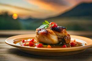 a plate of chicken with vegetables and sauce on a table. AI-Generated photo