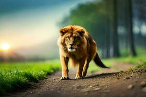 león caminando en un suciedad la carretera a puesta de sol. generado por ai foto