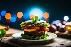 un hamburguesa con vegetales y queso en un lámina. generado por ai foto