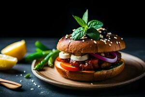 a hamburger with vegetables and herbs on a wooden plate. AI-Generated photo