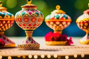 three colorful vases with flowers on a table. AI-Generated photo