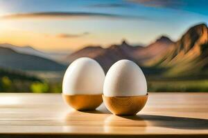 two eggs sit on a table in front of a mountain. AI-Generated photo