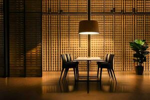 a dining room with wooden walls and a table. AI-Generated photo