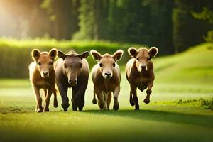 Tres vacas corriendo en el césped. generado por ai foto