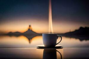un taza de café en un mesa con un ver de el puesta de sol. generado por ai foto