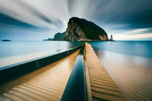 a long exposure photo of a long pier in the ocean. AI-Generated