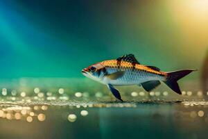 un pescado es en pie en el agua con un brillante ligero. generado por ai foto