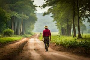 a man walking down a dirt road in the middle of a forest. AI-Generated photo