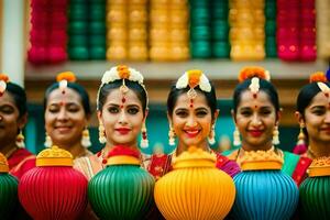 indio mujer en vistoso saris participación vistoso linternas generado por ai foto