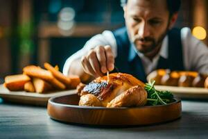 a man is putting a piece of chicken on a plate. AI-Generated photo