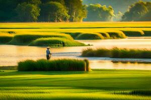 a man is fishing in a field near a river. AI-Generated photo