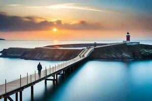 a man walks along a pier at sunset. AI-Generated photo