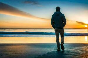 un hombre caminando en el playa a puesta de sol. generado por ai foto