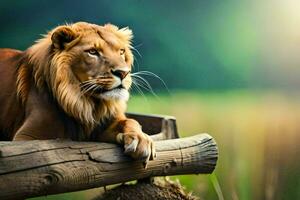 a lion is sitting on a wooden log in the grass. AI-Generated photo