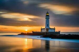 un faro es visto en el puesta de sol. generado por ai foto