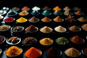 a variety of spices and herbs in bowls. AI-Generated photo