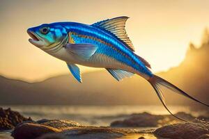 a fish with blue and yellow fins flying over the ocean. AI-Generated photo