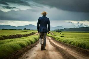 a man in a suit and hat walks down a dirt road. AI-Generated photo