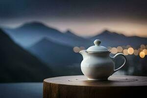 a teapot on a wooden table in front of a mountain range. AI-Generated photo