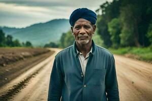 a man in a turban standing on a dirt road. AI-Generated photo