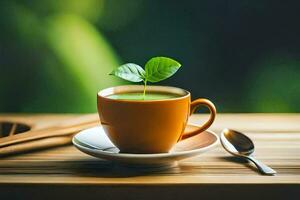 a cup of green tea with a leaf sprouting from it. AI-Generated photo